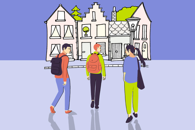Dibujo con tres jóvenes se dirigen caminando hacia un grupo de casas.