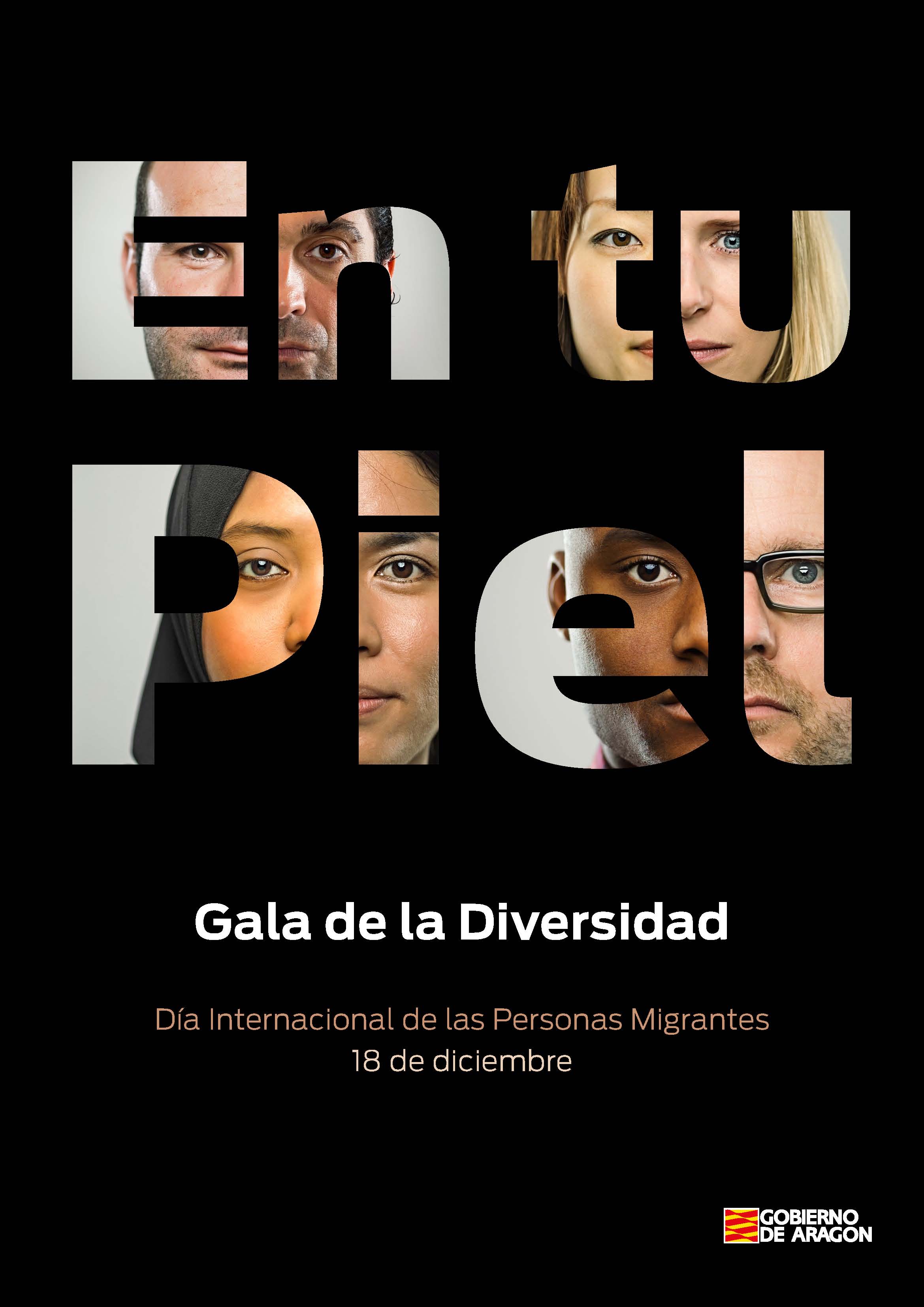 Cartel En tu piel. Gala de la diversidad. Día Internacional delas personas migrantes. 18 de diciembre. Gobierno de Aragón