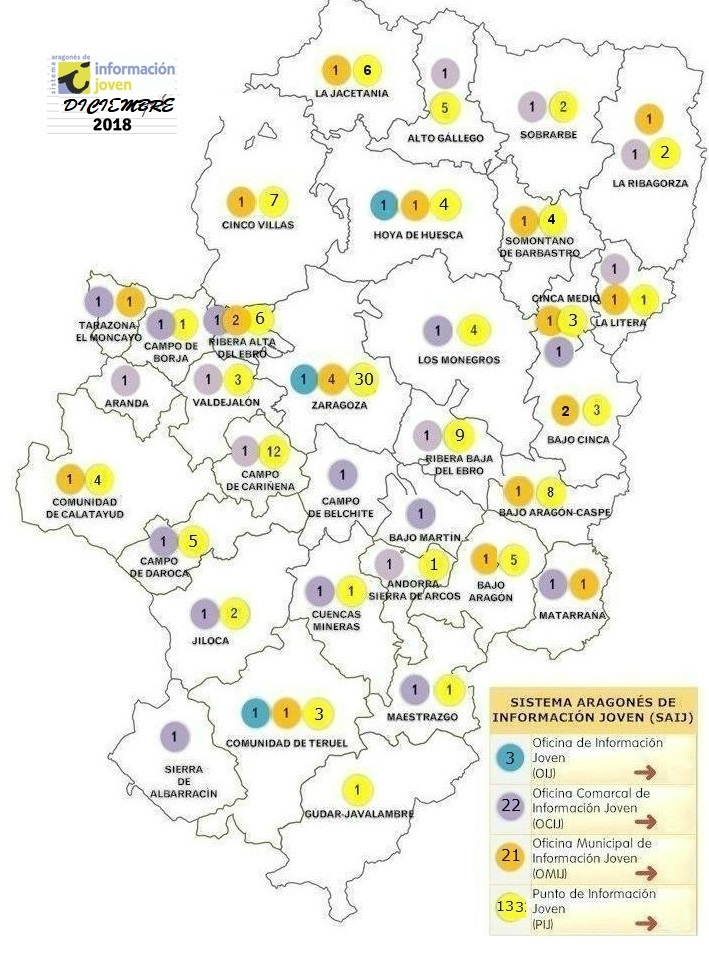 Mapa comarcal de Aragón donde se señalan las Oficinas y los Puntos de Información Joven.