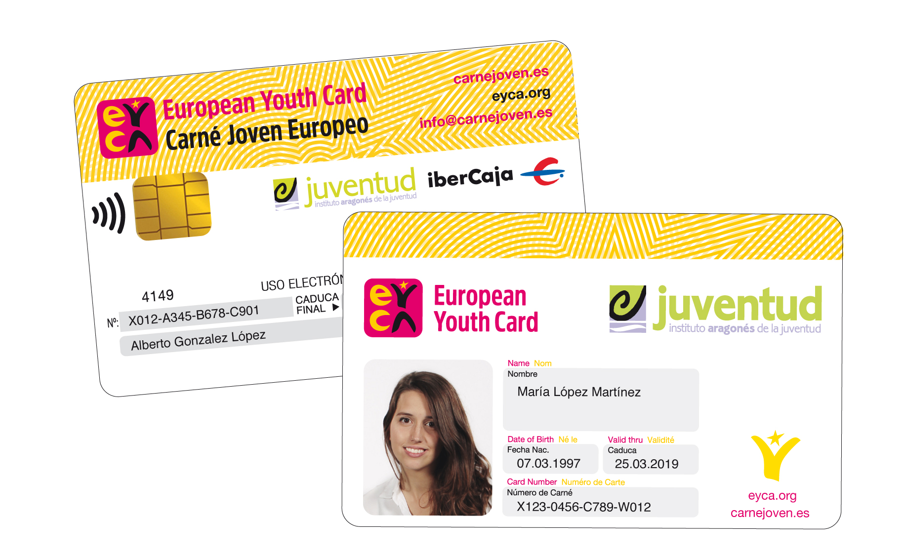 Carné Joven Europeo: además de la foto el carné tiene los datos: nombre, fecha de nacimiento, número identificativo del carné y caducidad.