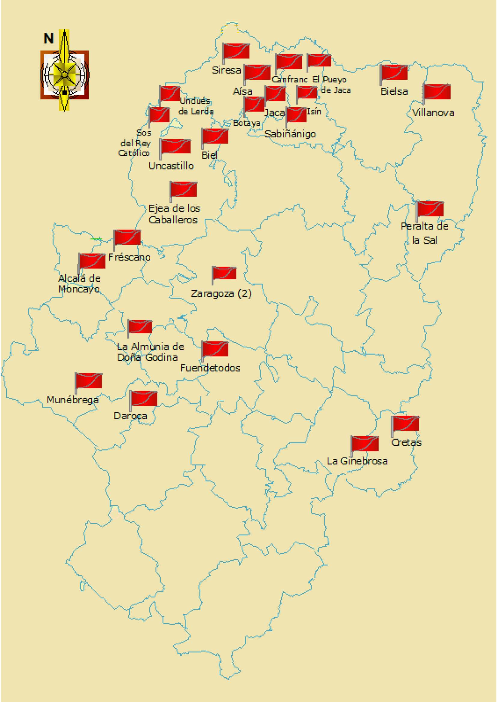 Mapa de la provincia de Aragón con las localidades donde hay albergues juveniles