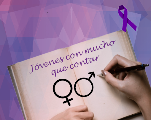 Libro abierto con la leyenda del concurso Jóvenes con mucho que contar y debajo los símbolos de másculino femenino