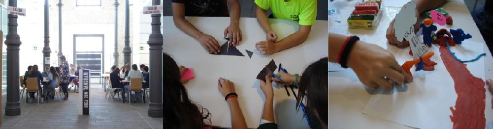 Grupos de personas en mesas. Primer plano de una mesa donde se recortan figuras geométricas; y de otra donde se hacen figuras de plastilina.