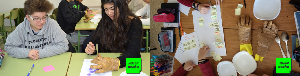 Unos jóvenes hacen manualidades con guantes. En una mesa pegan posits sobre un folio.