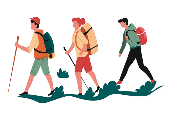 Dibujo con 3 jóvenes excursionistas que van caminando