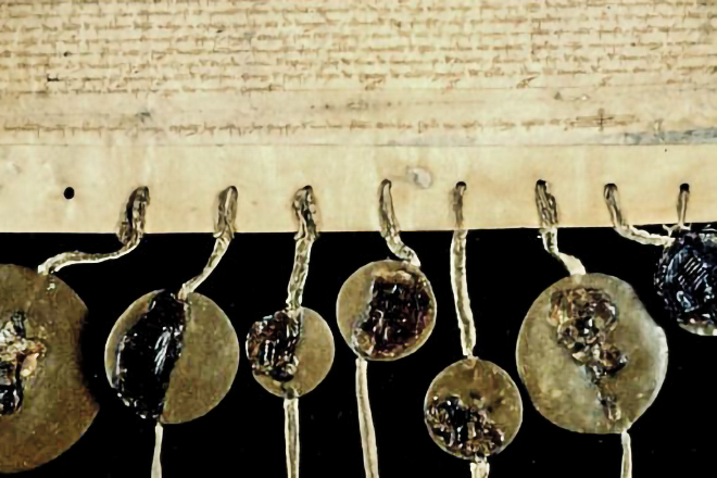 Pergamino manuscrito en castellano antiguo con sellos colgantes