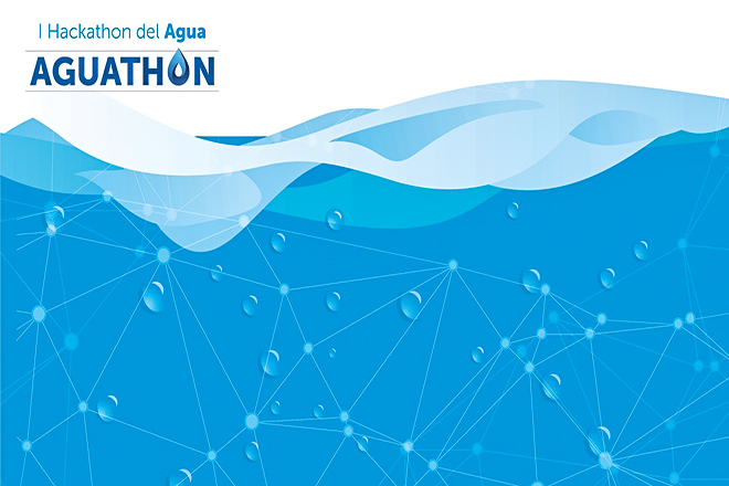 Dibujo de corte transversal del mar, en colores blanco y azules con nodos de redes y gotas de agua. Incluye texto : I Hackathon del Agua y en segunda