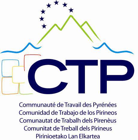 Logo oficial de la Comunidad de Trabajo de los Pirineos (CTP) en diferentes idiomas:
