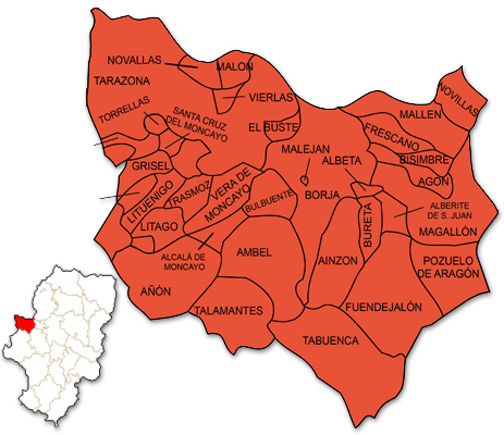 Mapa de Aragón señalado con la zona de actuación de ASOMO