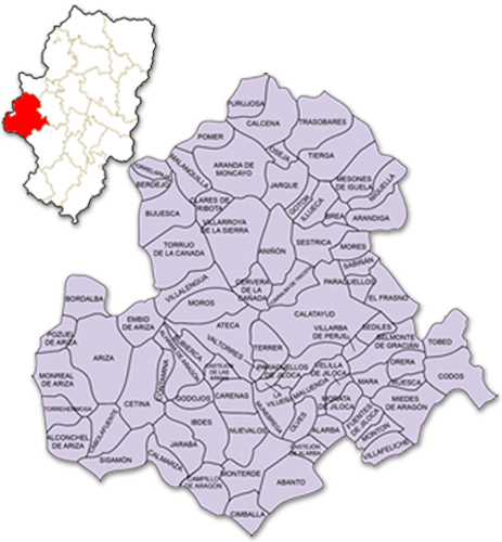 Mapa de Aragón señalado con la zona de actuación de ADRI Calatayud Aranda