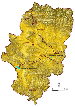 Mapa de Aragón donde vienen marcadas La Laguna de Gallocanta y La Salada de Chiprana