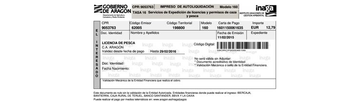 Ejemplo de Impreso de autoliquidación de tasa por expedición de licencia de pesca