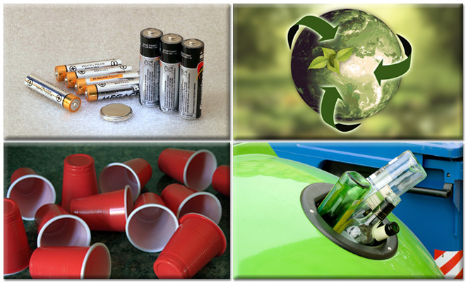 Conjunto de cuatro imágenes: pilas, planeta con símbolo de reciclaje, vasos de plástico y contenedor de vidrio.