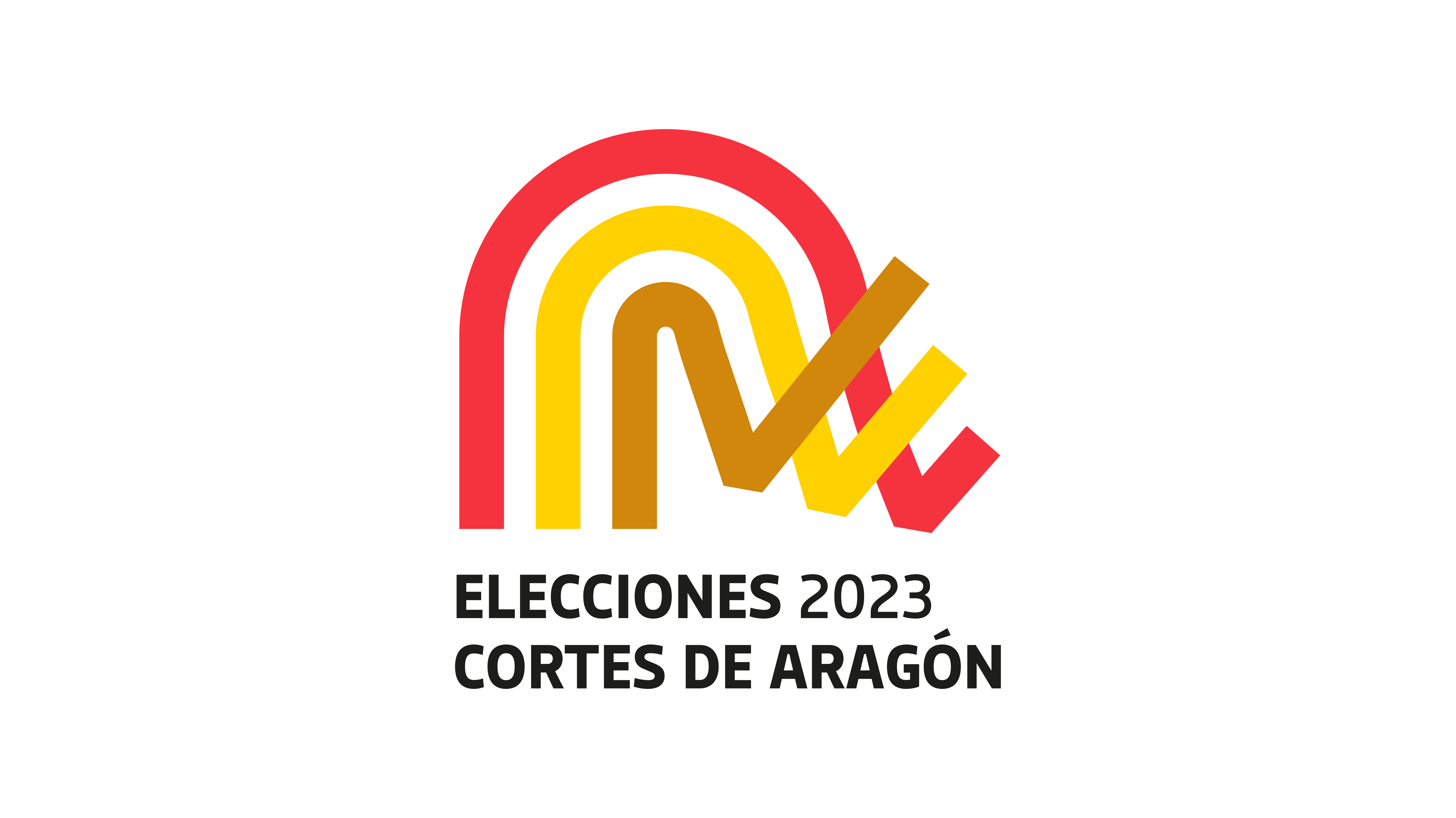 Logotipo de las elecciones a Cortes de Aragón 2023 inspirado en el salón de plenos de las Cortes y con la gama cromática de la bandera de Aragón