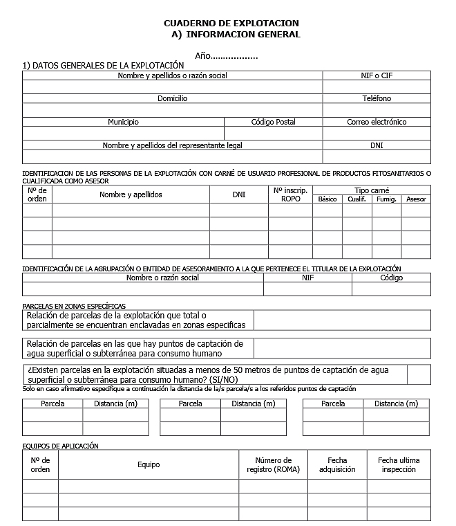 Modelo del cuaderno de explotación
