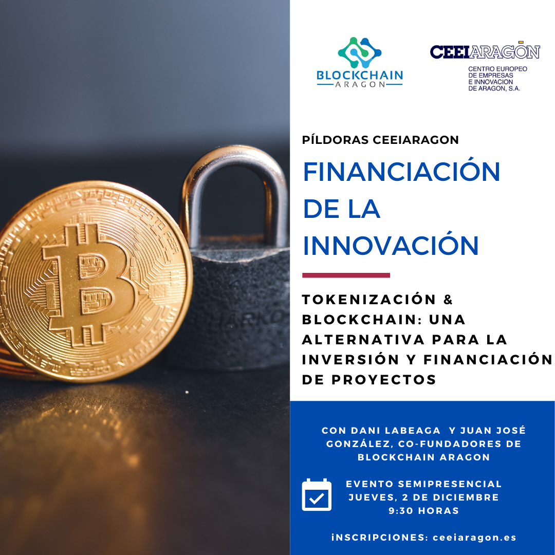 A la izquierda una foto en primer plano de una moneda Blockchain y un candado, a la derecha todos los datos del evento, título , hora y ponentes