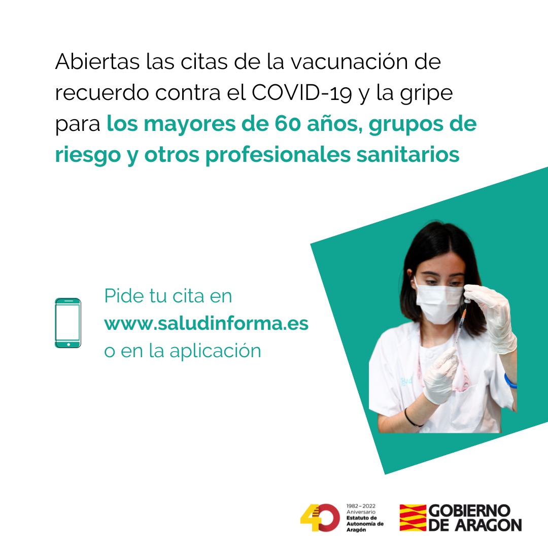 Abiertas las citas de la vacunación de recuerdo contra el COVID-19 y la gripe para los mayores de 60 años, grupos de riesgo y otros sanitarios