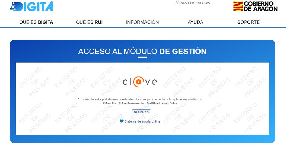 Pantalla de acceso a DIGITA por medio de certificado electrónico