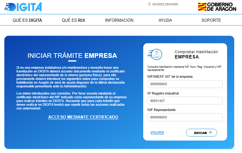 Pantalla de inicio de trámites en DIGITA, para la empresa, con los campos solicitados rellenados, a modo de ejemplo de cumplimentación