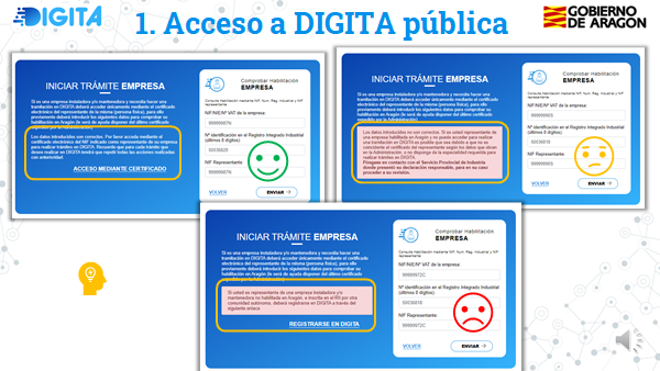 Imagen de los posibles mensajes devueltos según los datos introducidos en la pantalla de inicio de trámites en DIGITA