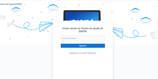 Pantalla de inicio de sesión en el Centro de ayuda de DIGITA.