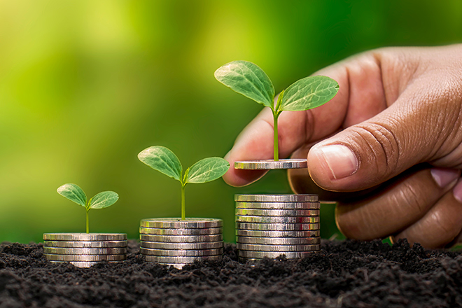 Mano superpone monedas y en la parte superior crece una planta