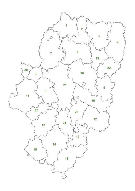 Mapa de Áreas Medioambientales de Aragón. Tras la imagen el listado de todas las áreas, enumeradas como el mapa, en orden alfabético y por provincias.