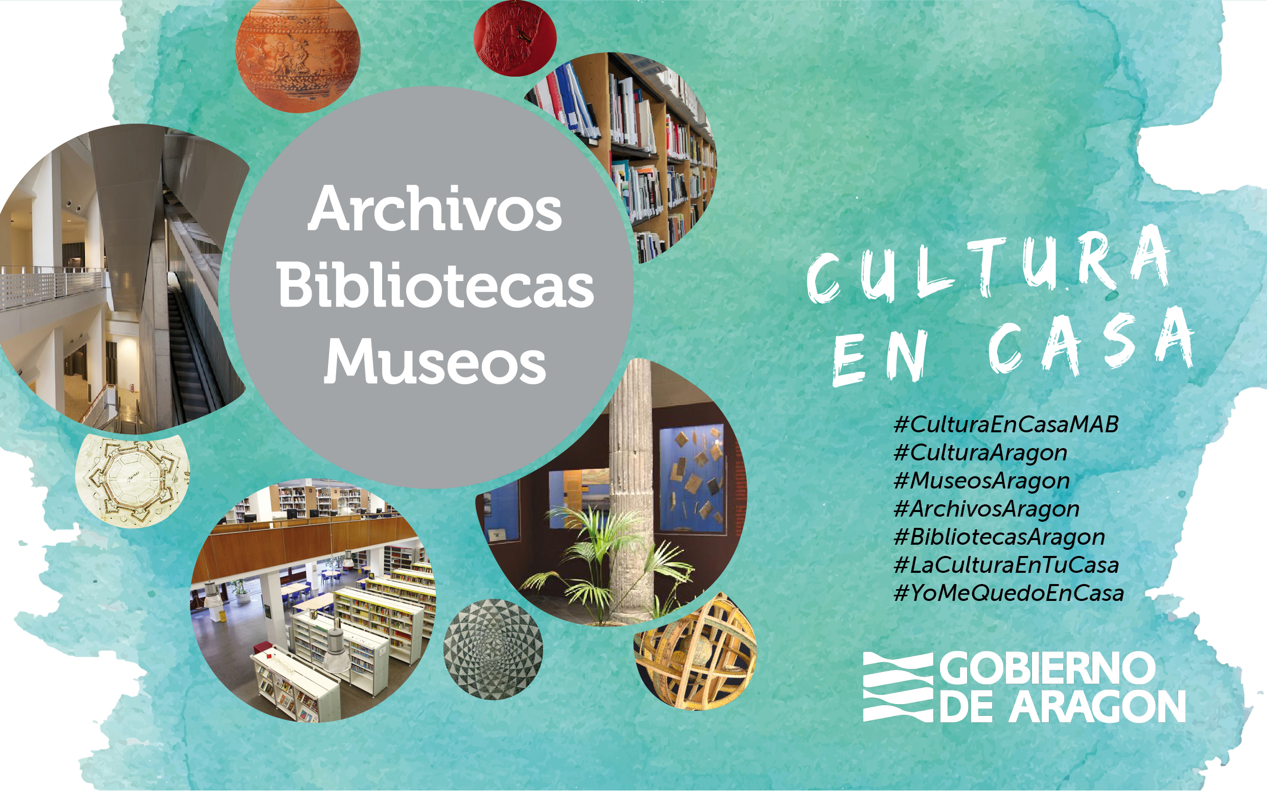 Cartel con imágenes de museos, archivos y bibliotecas, con el lema de cultura en casa.