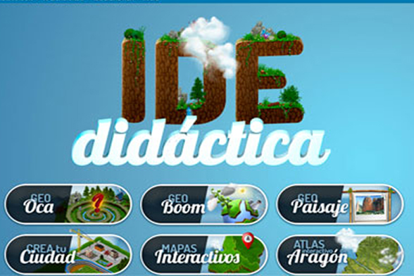 Home de la IDEDidáctica sobre un fondo azul con nubes con los seis juegos que ofrece