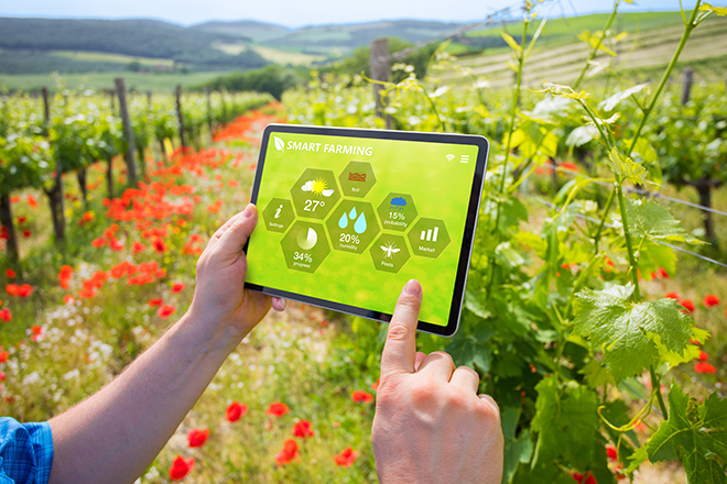 Manos sujetando tables con aplicación sobre agricultura en fondo de explotación agraria
