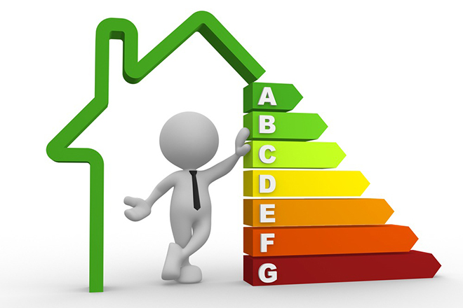 Etiqueta energética formada por letras de la A a la G. Junto a ella un dibujo que representa a un muñeco dentro de una vivienda