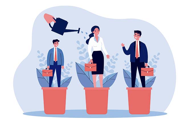 Ilustración de dos hombres y una mujer en macetas de flores, una mano con una regadera les echa agua y crecen