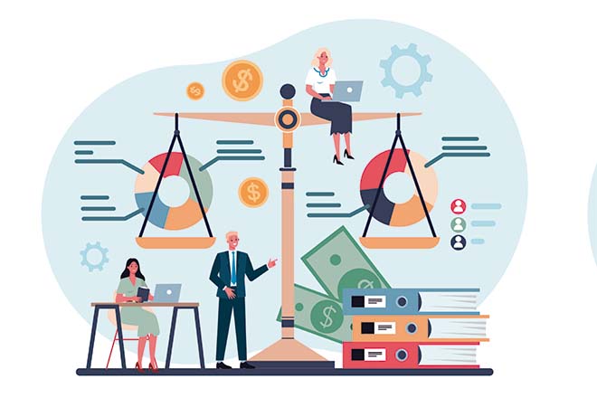 Ilustración en colores de una balanza con gráficos en sus platos y una persona sentada encima con un portátil, gente de negocios, billetes y archivos