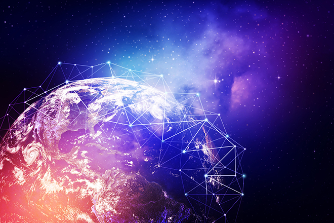 imagen abstracta sociedad de la informacion planeta tierra con líneas conectadas formando una red