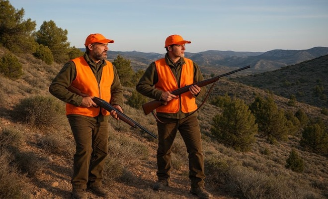 Dos cazadores con escopetas en el monte
