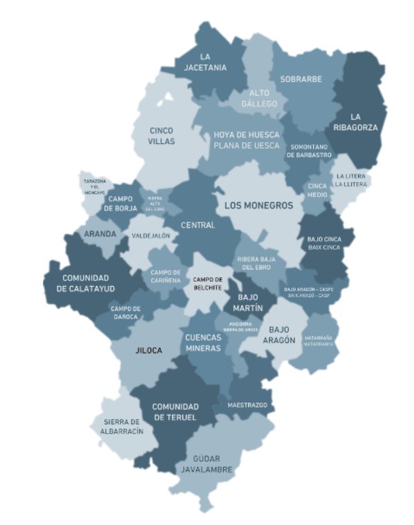 Mapa de Aragón en el que se representan las comarcas