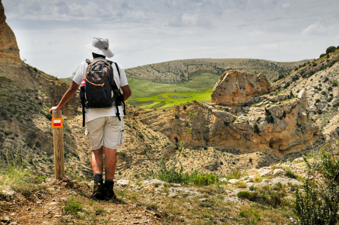 Excursionista de espaldas admirando el paisaje