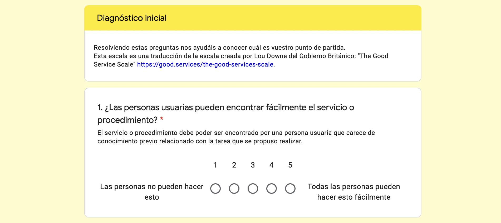 Un fragmento del cuestionario del diagnóstico inicial. Se ve la pregunta 1: "¿Las personas uuarias pueden econtrar fácilmente el servicio o procedimiento". Y una escala para dar una respuesta de 1 a 5. 