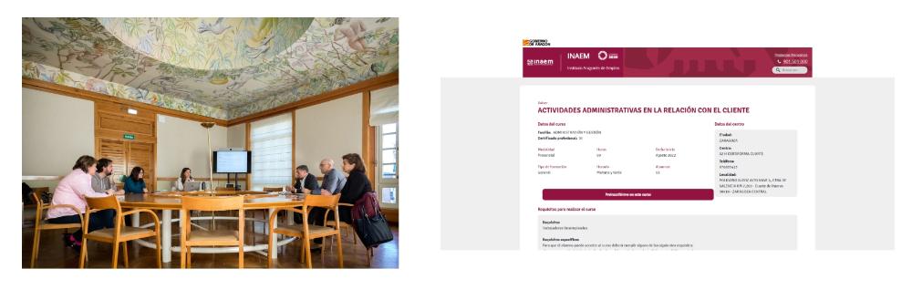 A la izquierda, una de las reuniones con el equipo. A la derecha, un prototipo para las nuevas fichas de cursos de formación.