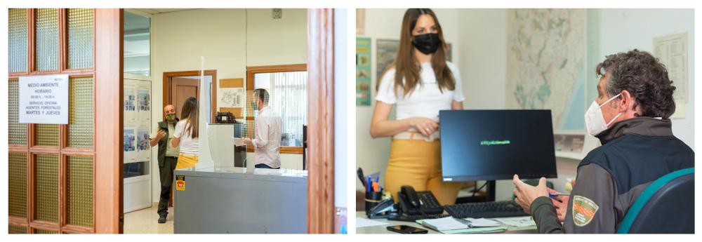 Dos imágenes de una misma escena, en la que una diseñadora entrevista a personas que trabajan en una oficina de medioambiente