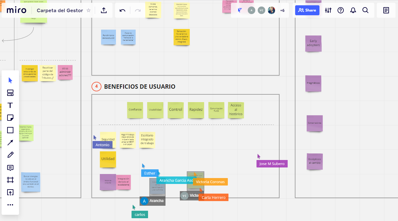 Fragmento de un panel de Miro en el que se trabajço sobre los beneficios para el usuario