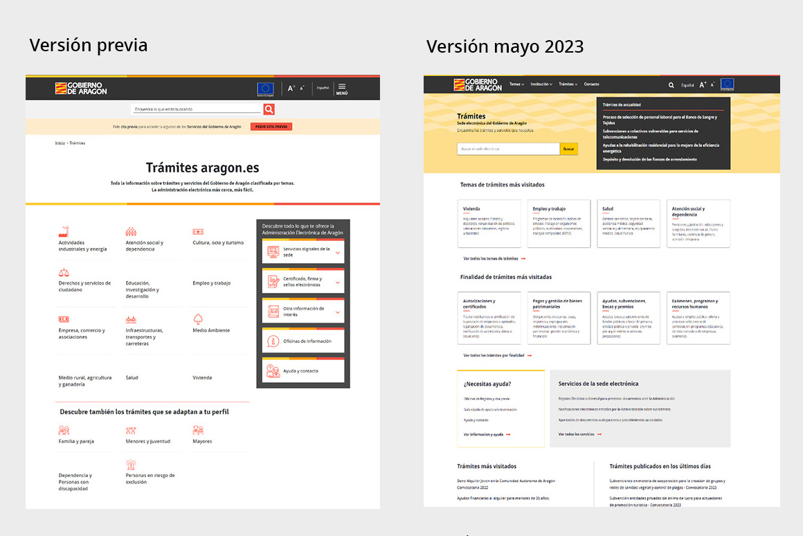 Pamtallazos de la página de inicio de la sede electrónica, antes y después. 