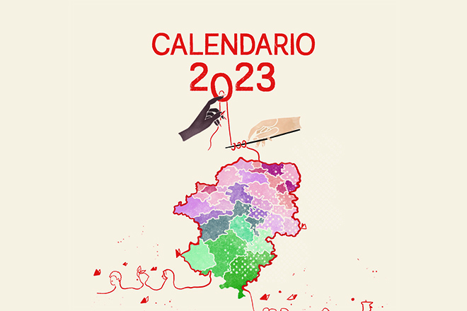 Manos que tejen un mapa de Aragón con sus comarcas coloreadas de diversos colores (portada del calendario)