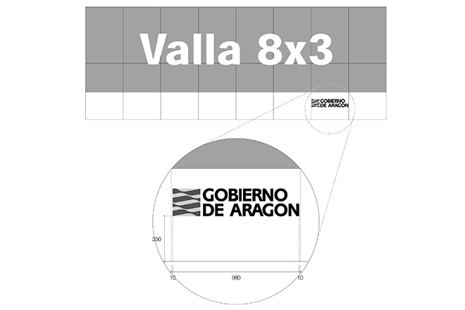 Ejemplo de tamaño de valla de 8x3 y detalle la ubicación del logotipo del Gobierno de Aragón