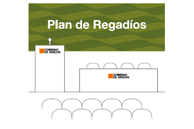 Ilustración de un estand, mesa con cuatro sillas y cartel trasero con identidad corporativa