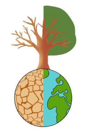 Dibujo del planeta tierra con un árbol encima. La mitad izquierda se muestra desértica y la izquierda verde y con agua en los océanos