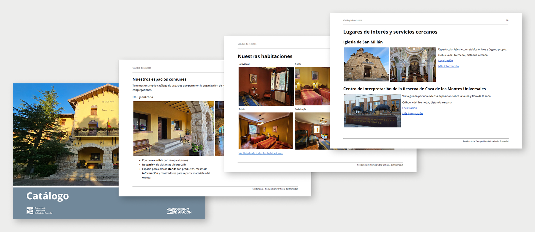 Páginas del catálogo que muestra las habitaciones, espacios y servicios cercanos de la residencia