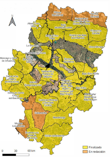Mapa de la región aragonesa con el estado de los planes de defensa